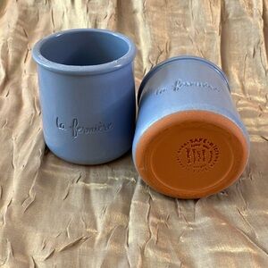 Two La Fermière Blue Ceramic Yogurt Jars
